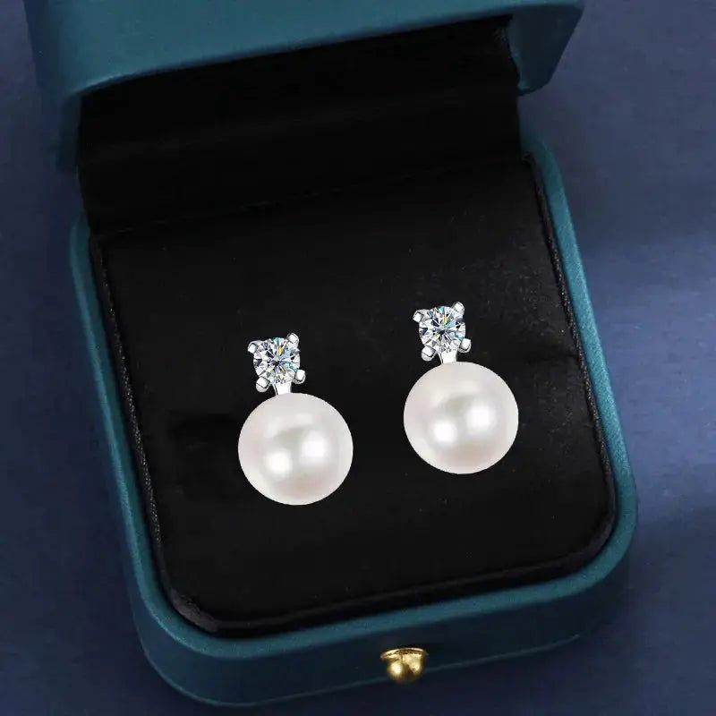 MOISSANITE STUD AND PEARL DROP EARRINGS 18K WHITE GOLD PLATED SILVER Moissanite Engagement Rings & Jewelry | Luxus Moissanite