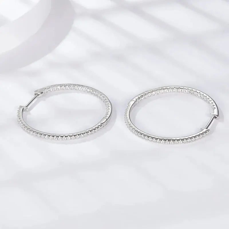 PLATINUM PLATED SILVER 1.1MM MOISSANITE LARGE HOOP EARINGS 50MM DIAMETER 1.5CTW Moissanite Engagement Rings & Jewelry | Luxus Moissanite