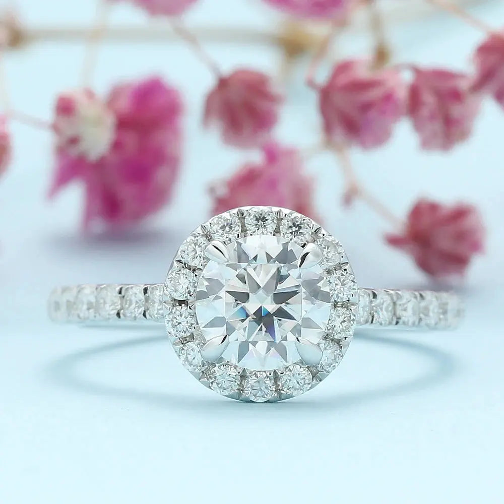 PLATINUM PLATED SILVER HALO MOISSANITE ENGAGEMENT RING 1CT Moissanite Engagement Rings & Jewelry | Luxus Moissanite | Best Moissanite Engagement Ring Cheap&nbsp;