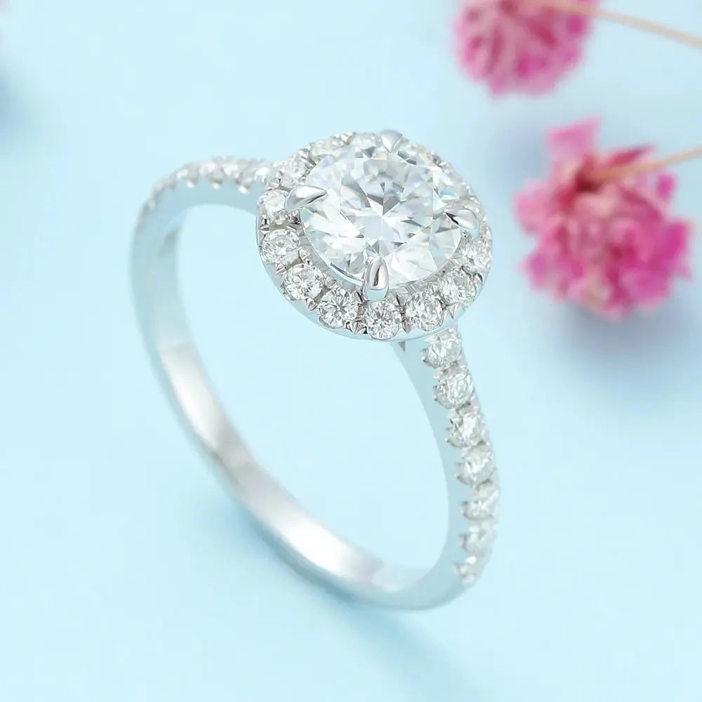 PLATINUM PLATED SILVER HALO MOISSANITE ENGAGEMENT RING 1CT Moissanite Engagement Rings & Jewelry | Luxus Moissanite Best Moissanite Engagement Ring Cheap&nbsp; Best Moissanite Engagement Ring Cheap