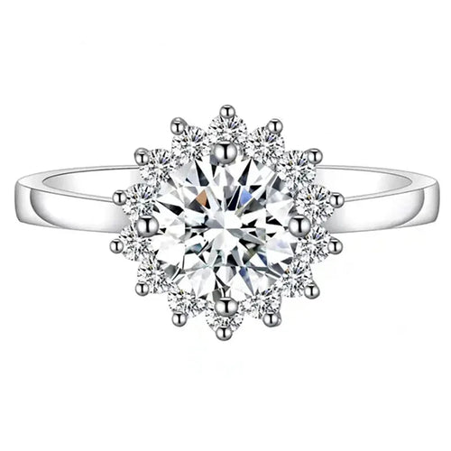 PLATINUM PLATED SILVER SUNFLOWER HALO MOISSANITE ENGAGEMENT RING 1CT Moissanite Engagement Rings & Jewelry | Luxus Moissanite | Sunflower Engagement Ring