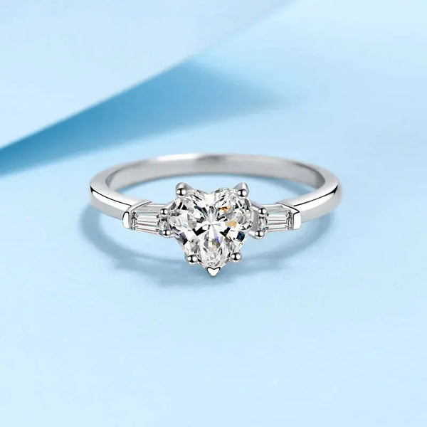 Platinum Plated Silver 3 Stone Heart Moissanite Ring 1.2ct Total Moissanite Engagement Rings & Jewelry | Luxus Moissanite
