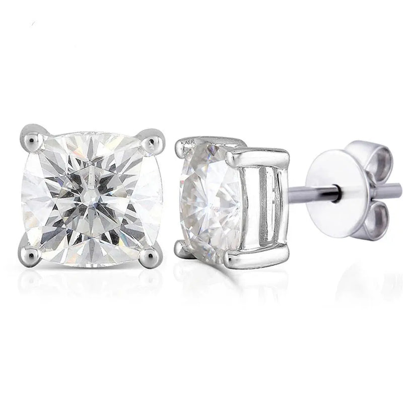 Platinum Plated Silver Cushion Cut Stud Moissanite Earrings 2ctw Moissanite Engagement Rings & Jewelry | Luxus Moissanite
