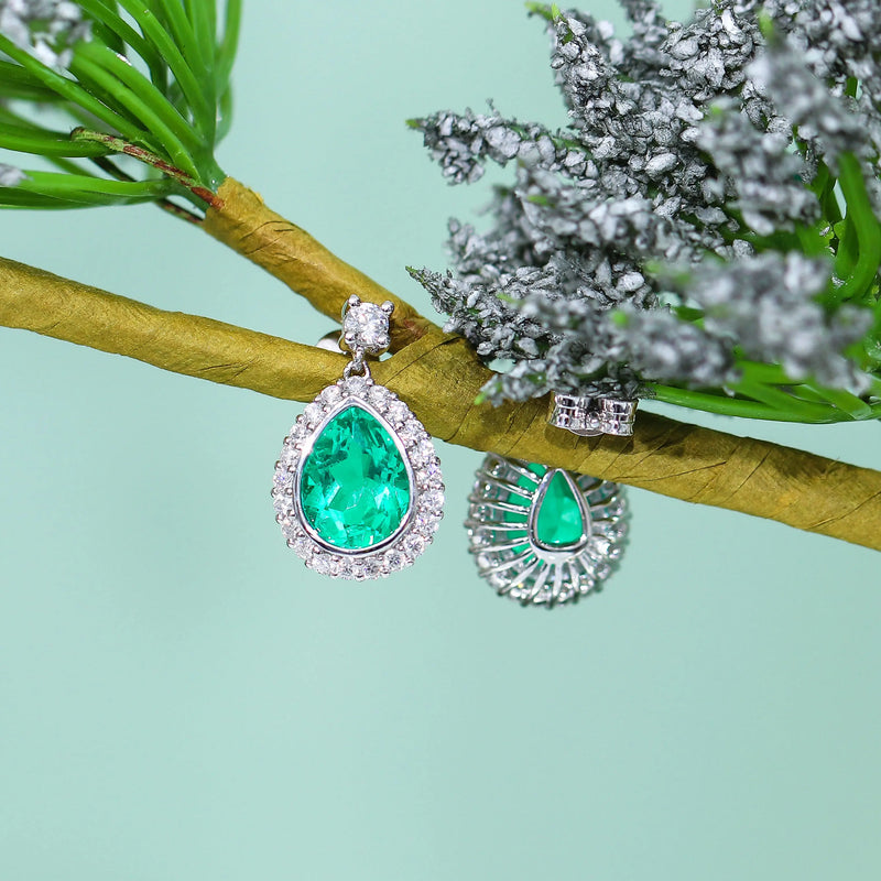 Platinum Plated Silver Emerald Halo Moissanite Earrings Moissanite Engagement Rings & Jewelry | Luxus Moissanite