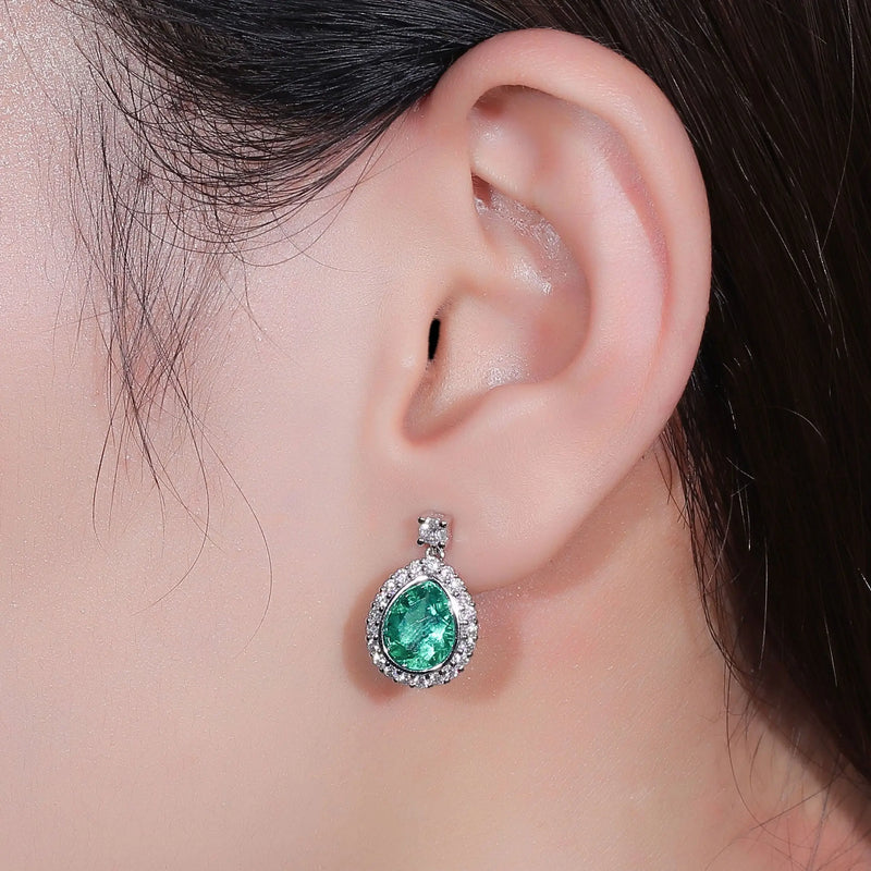 Platinum Plated Silver Emerald Pear With Moissanite Accents Earrings Moissanite Engagement Rings & Jewelry | Luxus Moissanite