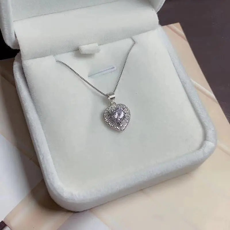 Platinum Plated Silver Halo Heart Moissanite Necklace 1ct Center Stone Moissanite Engagement Rings & Jewelry | Luxus Moissanite | Halo Heart Necklace