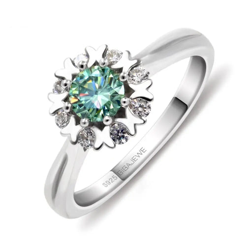 Platinum Plated Silver Halo Moissanite Ring Green 0.45ct Stone Moissanite Engagement Rings & Jewelry | Trending Styles Engagement Rings | Luxus Moissanite