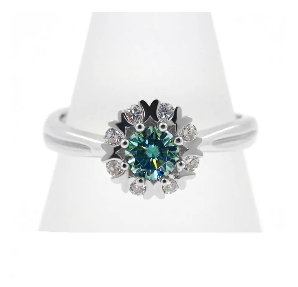 Platinum Plated Silver Halo Moissanite Ring Green 0.45ct Stone Moissanite Engagement Rings & Jewelry | Trending Styles Engagement Rings | Luxus Moissanite