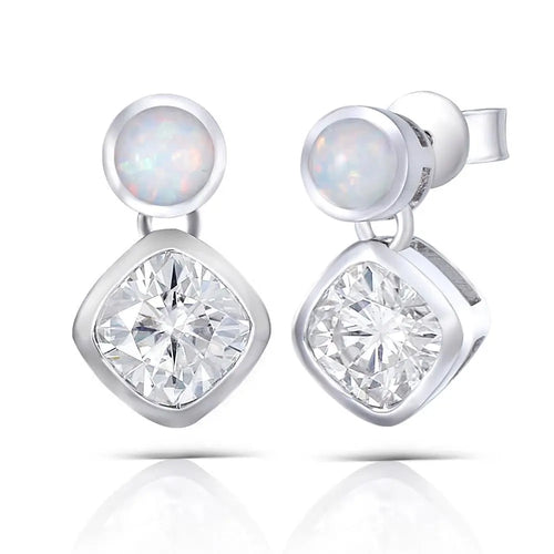 Platinum Plated Silver Moissanite Earrings With White Opal 2ctw Moissanite Engagement Rings & Jewelry | Platinum Plated Silver Moissanite With White Opal Earrings 2ctw | Luxus Moissanite