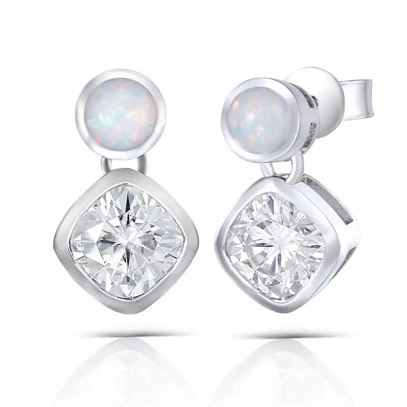 Platinum Plated Silver Moissanite Earrings With White Opal 2ctw Moissanite Engagement Rings & Jewelry | Luxus Moissanite