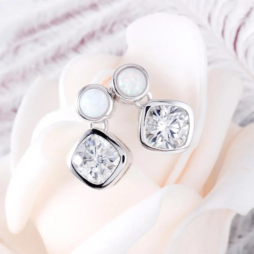 Platinum Plated Silver Moissanite Earrings With White Opal 2ctw Moissanite Engagement Rings & Jewelry | Platinum Plated Silver Moissanite With White Opal Earrings 2ctw | Luxus Moissanite