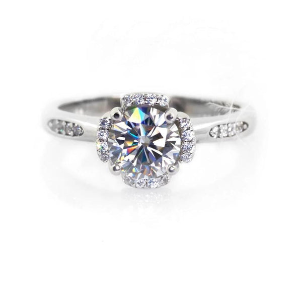 Platinum Plated Silver Moissanite Ring 1ct Center Stone Moissanite Engagement Rings & Jewelry | Luxus Moissanite - Platinum Plated Silver Moissanite Ring Band