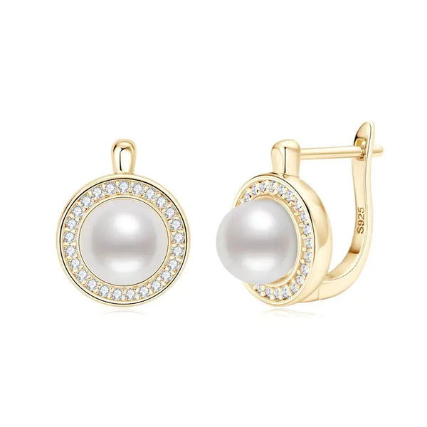 SILVER 7MM FRESHWATER PEARL AND MOISSANITE HALO EARRINGS WITH HOOP ENCLOSURE Moissanite Engagement Rings & Jewelry | Luxus Moissanite