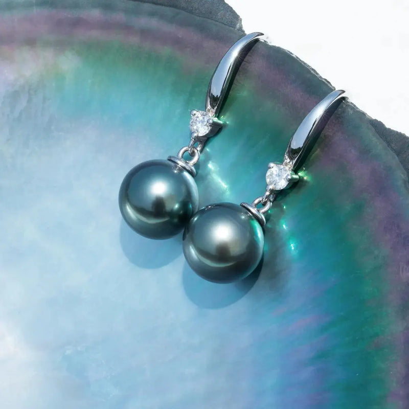 SILVER 9 - 12MM TAHITIAN PEARL AND MOISSANITE DROP EARRINGS Moissanite Engagement Rings & Jewelry | Luxus Moissanite