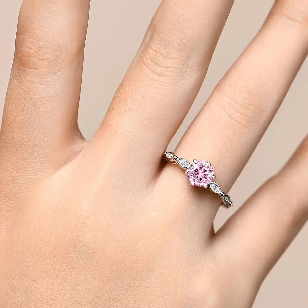 Silver or Gold 1.0ct Pink Moissanite Ring with Side Accent Stones Moissanite Engagement Rings & Jewelry | Luxus Moissanite