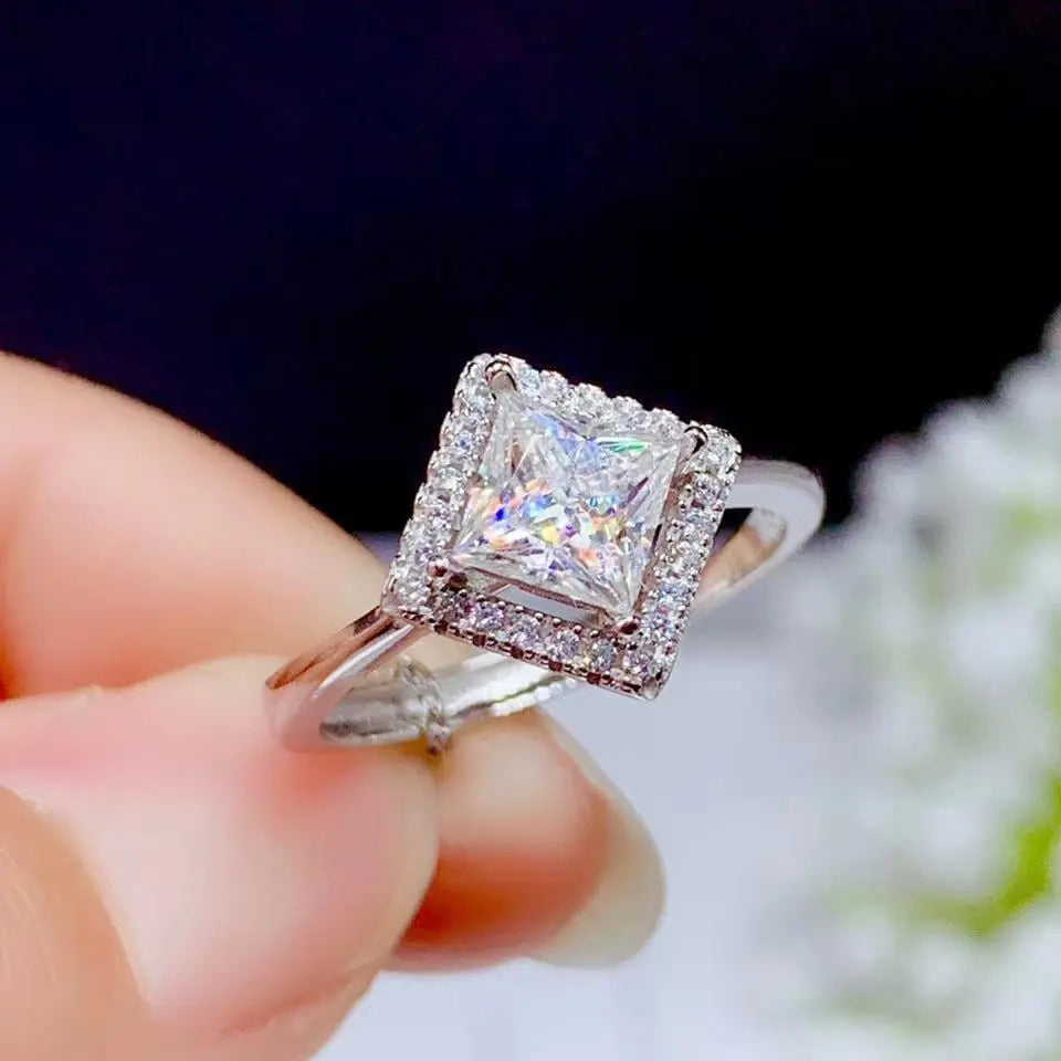 White Gold Plated Princess Cut Halo Moissanite Ring 1ct Center Stone Moissanite Engagement Rings & Jewelry |  Beautiful Princess Cut Engagement Ring  | Luxus Moissanite