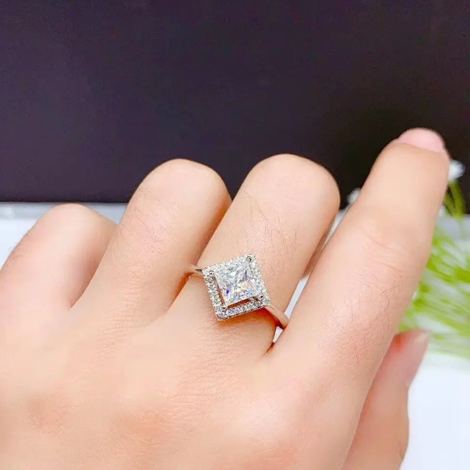 White Gold Plated Princess Cut Halo Moissanite Ring 1ct Center Stone Moissanite Engagement Rings & Jewelry |  Beautiful Princess Cut Engagement Ring  | Luxus Moissanite