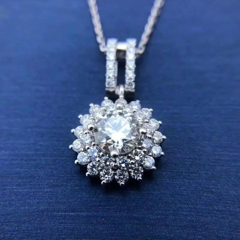 White Gold Plated Silver Double Halo Moissanite Necklace 1ct Center Stone Moissanite Engagement Rings & Jewelry | Luxus Moissanite