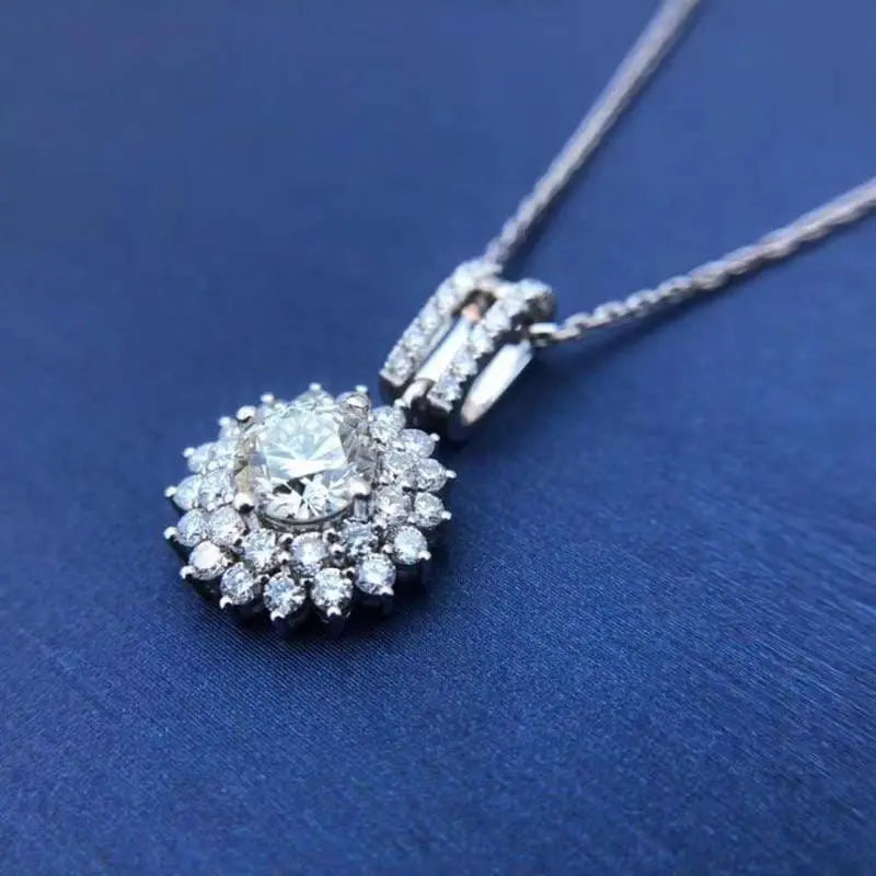 White Gold Plated Silver Double Halo Moissanite Necklace 1ct Center Stone Moissanite Engagement Rings & Jewelry | Luxus Moissanite