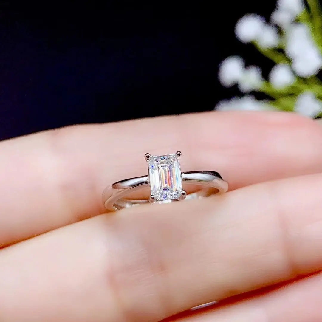 White Gold Plated Silver Emerald Cut Solitaire Moissanite Ring 0.5ct Moissanite Engagement Rings & Jewelry | Luxus Moissanite