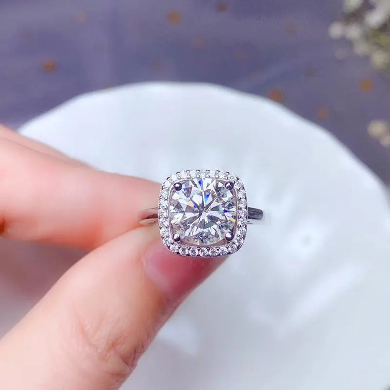 White Gold Plated Silver Halo Moissanite Ring 0.5ct - 3ct Options Moissanite Engagement Rings & Jewelry | Luxus Moissanite Silver Halo Ring Moissanite