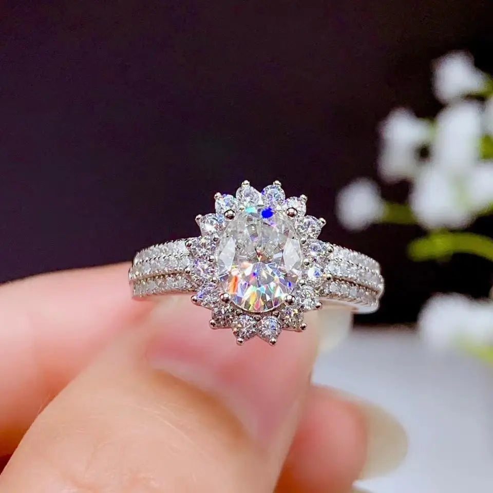 White Gold Plated Silver Halo Moissanite Ring 1.5ct Center Stone Moissanite Engagement Rings & Jewelry | Luxus Moissanite | Stunning Engagement Rings