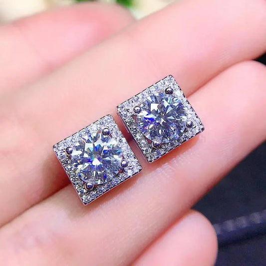 White Gold Plated Silver Square Halo Moissanite Earrings 2ctw Moissanite Engagement Rings & Jewelry | Luxus Moissanite | Halo Moissanite Earrings